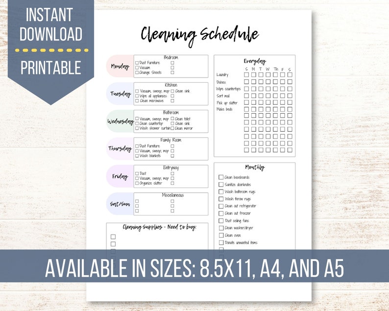 May include: Printable cleaning schedule checklist with a light blue, green, and purple color scheme. The checklist includes daily, weekly, and monthly cleaning tasks for the bedroom, kitchen, bathroom, family room, entryway, and miscellaneous areas. The checklist also includes a section for cleaning supplies that need to be purchased.
