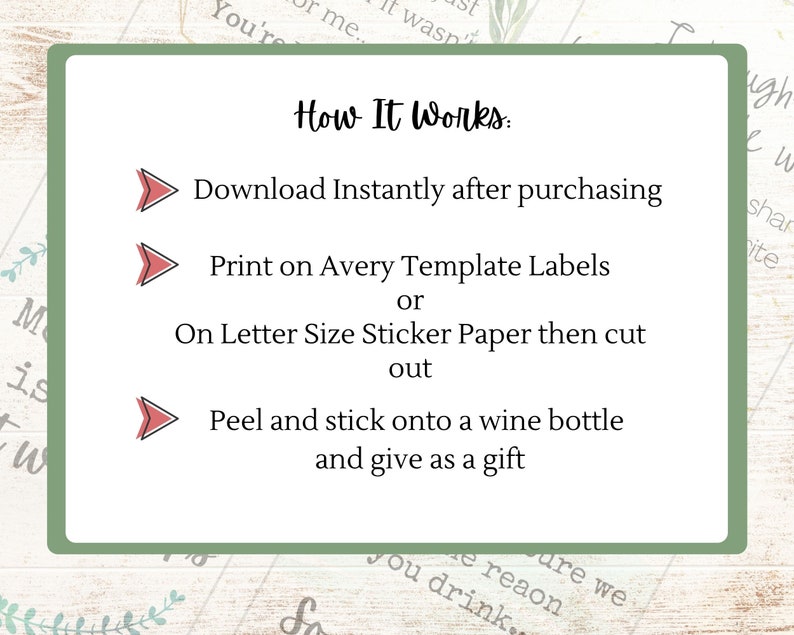 May include: A green and white illustrated graphic with the text "How It Works:" and three steps: Download Instantly after purchasing, Print on Avery Template Labels or On Letter Size Sticker Paper then cut out, Peel and stick onto a wine bottle and give as a gift.