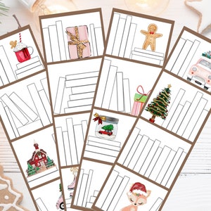 May include: A collection of Christmas-themed illustrations, each framed in a brown border, depicting festive scenes such as a gingerbread man, a decorated Christmas tree, and a pink car carrying gifts. The illustrations are set against a backdrop of white bookshelves.