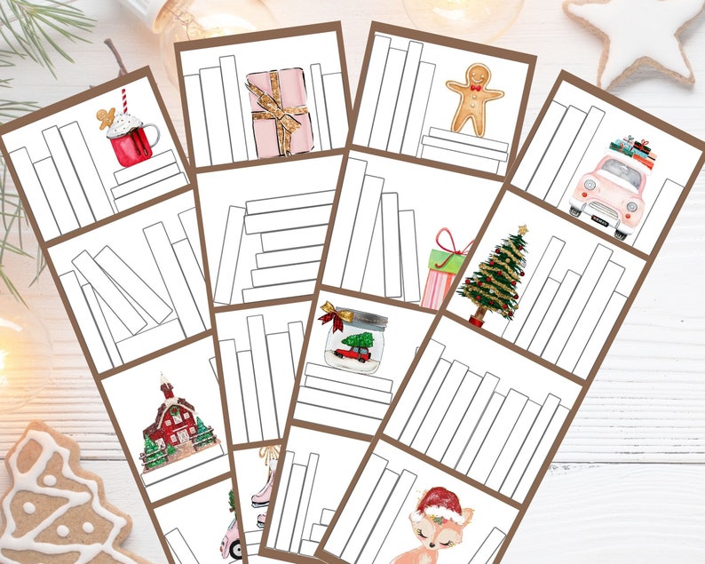 May include: A collection of Christmas-themed illustrations, each framed in a brown border, depicting festive scenes such as a gingerbread man, a decorated Christmas tree, and a pink car carrying gifts. The illustrations are set against a backdrop of white bookshelves.