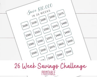 26 Week Savings Challenge Printable, Savings Tracker, Money Challenge, Money Saving Printable, 10k Savings Challenge, Monthly Savings