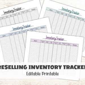 May include: Four printable inventory tracker sheets with the title "Inventory Tracker" and column headings for "Item", "Purchase Date", "Listing Date", "Date Sold", "Purchase Cost", "Sold Price", "Additional Fees", and "Gross Profit". The sheets are on a white wooden background.