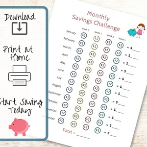 Monthly Money Savings Challenge For Kids Printable Money Challenge Tracker Money Goal Chart to Teach Kids How to Budget and Save image 3