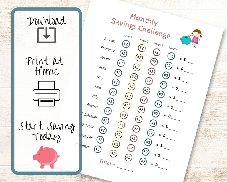 Monthly Money Savings Challenge For Kids Printable Money Challenge Tracker Money Goal Chart to Teach Kids How to Budget and Save image 3