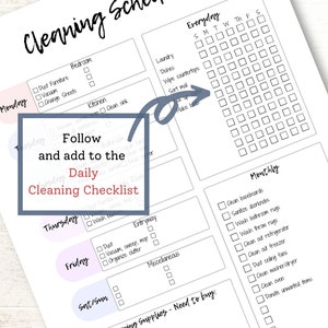 May include: A printable cleaning schedule checklist with sections for daily, weekly, and monthly tasks. The checklist includes a grid for everyday tasks and a list of tasks for each day of the week. The checklist also includes a list of monthly tasks.