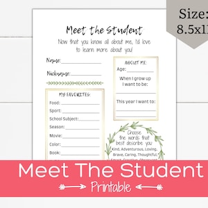 All About Me Student Printable, Meet the Student,  Back to School For Kids,  Kindergarten Teacher Handout, Meet the Teacher Template