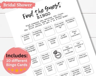 Find the Guest BINGO, Find the Guest Game, Bridal Shower Bingo, Icebreaker Bingo, Wedding Bingo, Bachelorette Bingo, Mix and Mingle Bingo