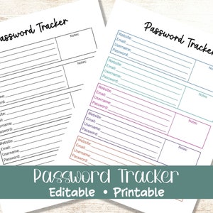 Może przedstawiać: Drukowany tracker haseł z sekcjami na stronę internetową, adres e-mail, nazwę użytkownika, hasło i notatki. Tracker ma kolorystykę turkusową, różową i fioletową.
