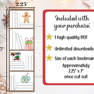 May include: A bookmark design featuring a bookshelf with holiday-themed illustrations. The bookmark is approximately 2.25 inches wide and 7 inches tall. The design includes a gingerbread man, a wrapped gift, a snow globe, and a mug.
