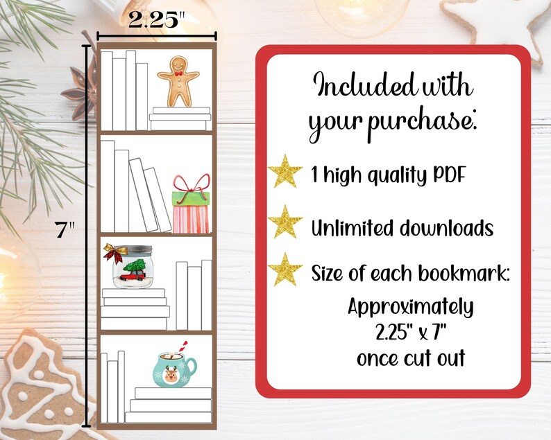May include: A bookmark design featuring a bookshelf with holiday-themed illustrations. The bookmark is approximately 2.25 inches wide and 7 inches tall. The design includes a gingerbread man, a wrapped gift, a snow globe, and a mug.