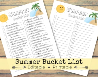 Op de afbeelding: Een afdrukbare zomerbucketlist met vinkjes en een vrolijke zonafbeelding. De lijst bevat activiteiten zoals naar het strand gaan, zwemmen in het meer, een kampvuur maken en vliegeren.