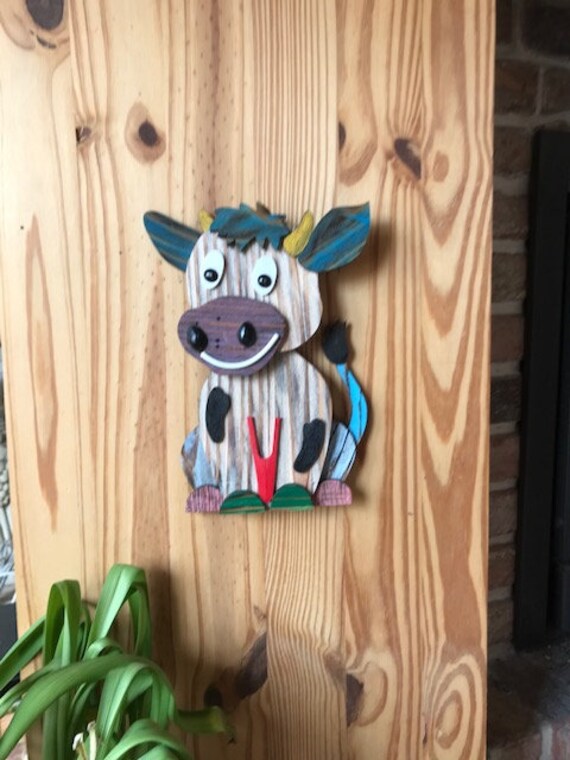Figurine Murale P'tite Vache. Bois Recyclé. Chambre Enfant ou Bébé