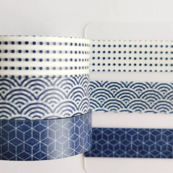 Ensemble d'échantillons de ruban adhésif en Washi/motif bleu MUJI, lot de 3/motif de 50 cm/décoratif/agenda/bujo/scrapbooking