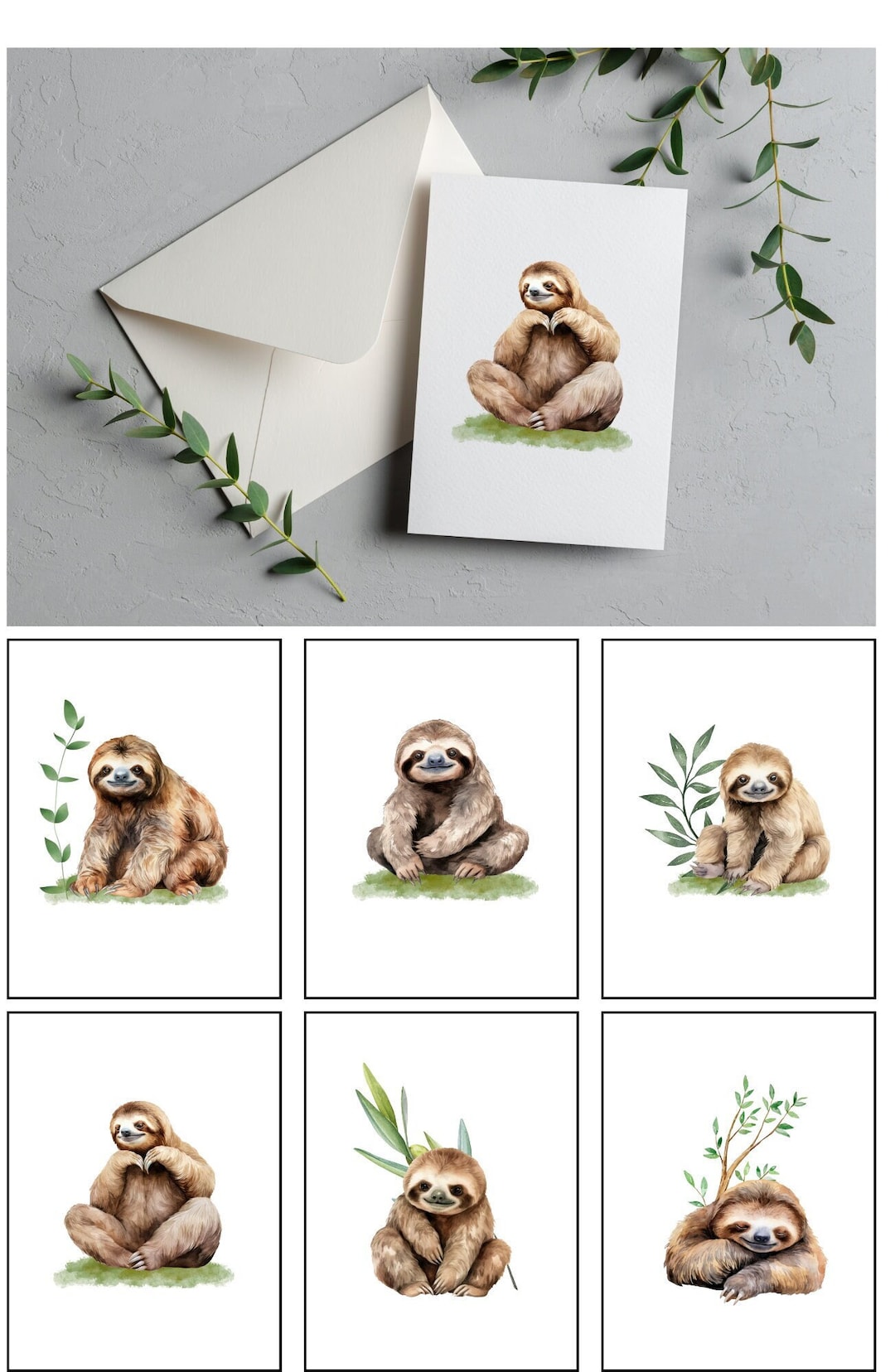 Sloth Taking Notes Sloth Note Cards With Envelopes - 6 Designs/ Watercolor Sloths - Etsy