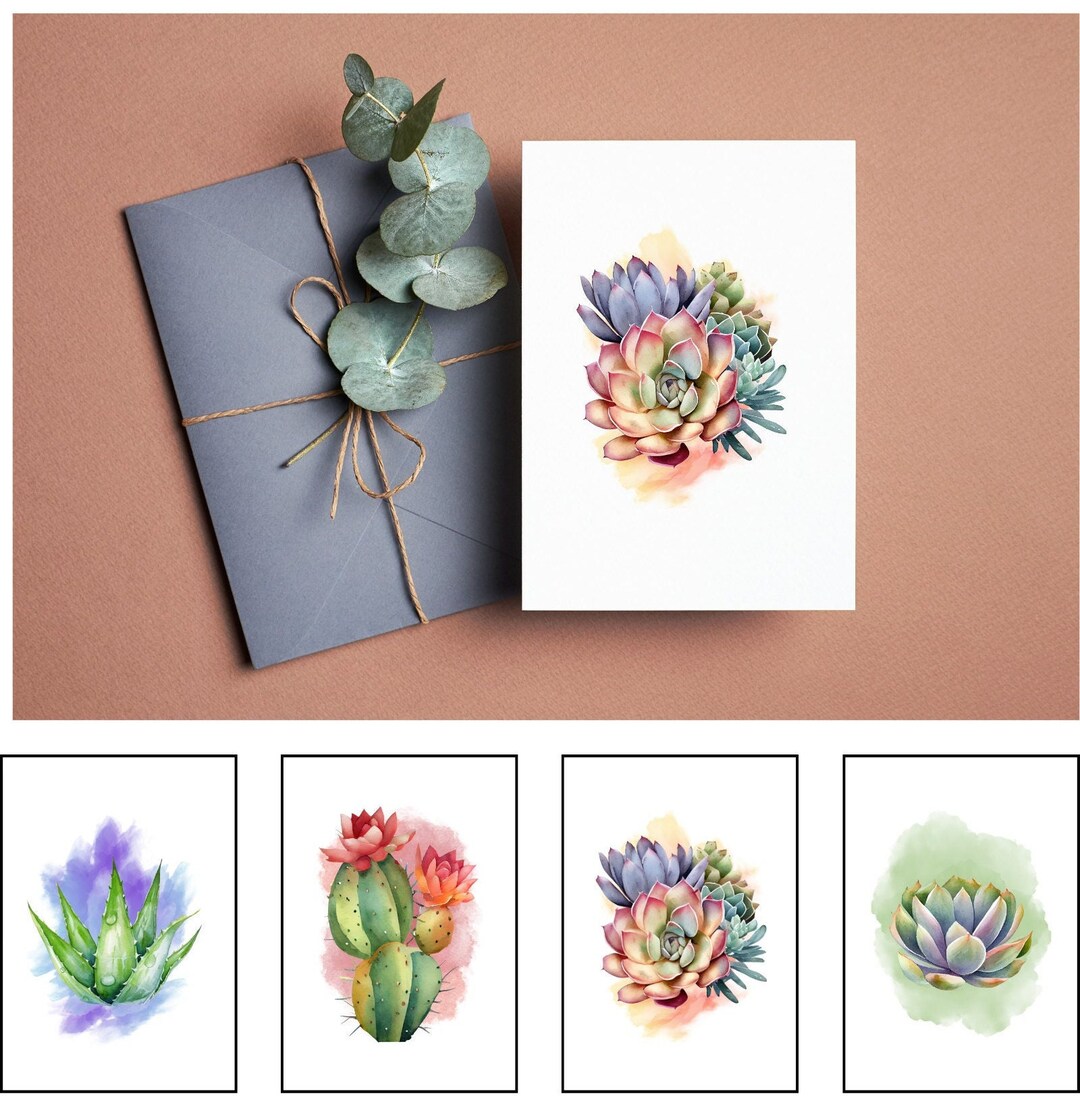 4 Watercolor Style Succulent Cards - 4 Designs - Card & Envelopes - Etsy