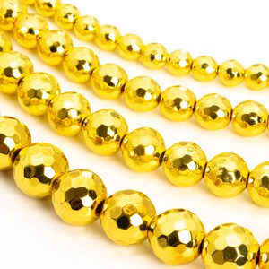 Hematite, Bright Gold Electroplated Stone 6/8/10/12mm Faceted Cut Round Loose Beads - Details in Description