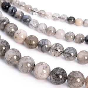 Black Tourmalinated Quartz, Natural Gemstone 6/8/10/12mm Smooth Round Loose Beads - Details in Description