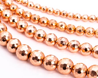 Hematite, Bright Rose Gold Electroplated Stone 6/8/10/12mm Faceted Cut Round Loose Beads - Details in Description