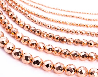 Hematite, Bright Rose Gold Electroplated Stone 2/3/4/6/8/10/12mm Faceted Cut Round Loose Beads - Details in Description