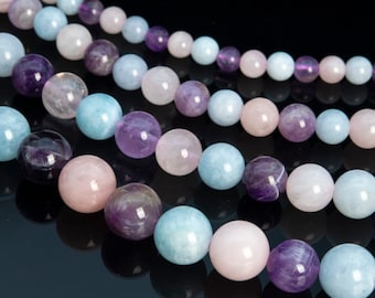 May include: A strand of gemstone beads in shades of light blue, pink, and purple. The beads are round and smooth, and they are arranged in a repeating pattern.