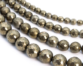 Pyrite, Dull Copper Natural Gemstone 6/8/10mm Faceted Cut Round Loose Beads - Details in Description