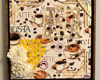 Coffee Lover Mixed Media Art, Bamboo & Bees, 11x11 Framed