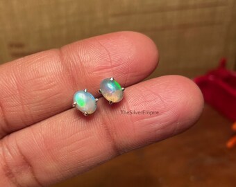 Natural Ethiopian Opal Earrings, 925 Sterling Silver Opal Stud, October Birthstone, Opal Jewelry, Opal Stud, Gift To Her, Prong Opal Stud