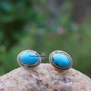 Turquoise Stud - 925 Sterling Silver Stud - Handmade - Turquoise Jewelry - Oval Cabochon Gemstone - Stud For Women - Gift For Her