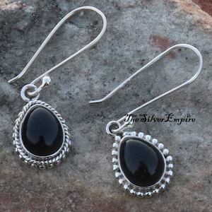 Natural Black Onyx Earring - 925 Sterling Silver Earring - Handmade - December Birthstone Jewelry - Pear Cabochon Earring  - Gifts For Her