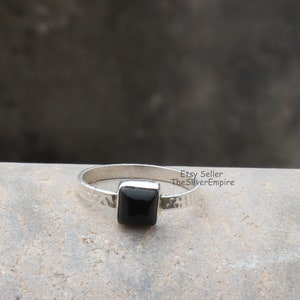 Black Onyx Ring, 925 Sterling Silver Ring, Hammer Ring, Cushion Gemstone, Natural Black Onyx Cabochon Ring, Women Ring, Gifts For Her