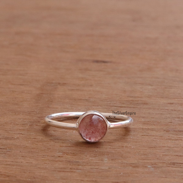 Bague fraise rose naturelle - Bague en argent sterling 925 - Fait main - Bague quartz rose fraise - Ronde - Bague pour femme - Cadeaux pour elle