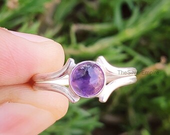Handmade Sterling Silver Amethyst Ring - Round Cabochon, Double Band
