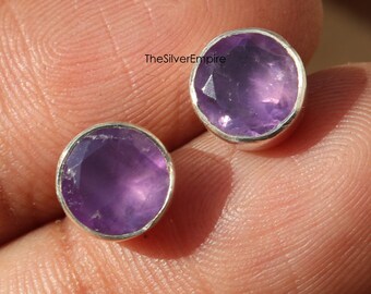 Natural Amethyst Stud - 925 Sterling Silver Stud - February Birthstone - Handmade - Round Faceted Stud - Amethyst Jewelry - Gifts For Her