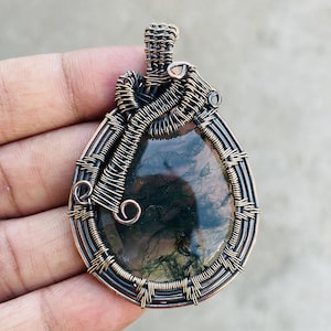 Moss Agate Pendant - Copper Wire Wrapped Pendant - Moss Agate Gemstone Pendant Jewelry - Handmade Pendant - Gift For Her - Pendant For Women