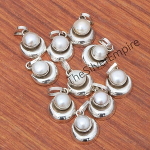 Fresh Water Pearl Pendant - Moon Pendant - 925 Sterling Silver Moon Pendant - Crescent Moon - Round Cabochon Gemstone - Gifts For Her