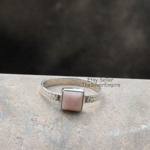 Pink Opal Ring, 925 Sterling Silver Ring, Hammer Ring, Cushion Gemstone, Natural Pink Opal Cushion Cabochon Ring, Women Ring, Gifts For Her