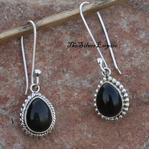 Natural Black Onyx Earring - 925 Sterling Silver Earring - Handmade - December Birthstone Jewelry - Pear Cabochon Earring  - Gifts For Her