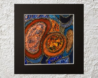 Textile artwork with passepartout ready to frame,  Fiber art wall decor,  Textile art wall hanging