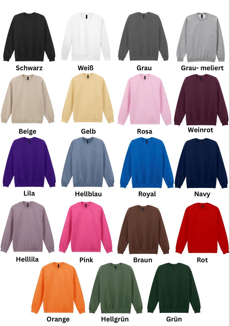 May include: A collection of crewneck sweatshirts in various colors, including black, white, gray, beige, yellow, pink, purple, blue, navy, brown, orange, green, and red. Each sweatshirt has the color name displayed below it.