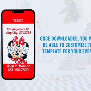 Peut inclure: Une invitation num&eacute;rique rouge et blanche avec une image de dessin anim&eacute; de Minnie Mouse. L'invitation comprend le texte "ADDRESS: 123 Anywhere St., Any City, ST 12345" et "Rsvp to Mom at 123-456-7890". Le texte "ONCE DOWNLOADED, YOU WILL BE ABLE TO CUSTOMIZE THE TEMPLATE FOR YOUR EVENT." est affich&eacute; sur un fond bleu.