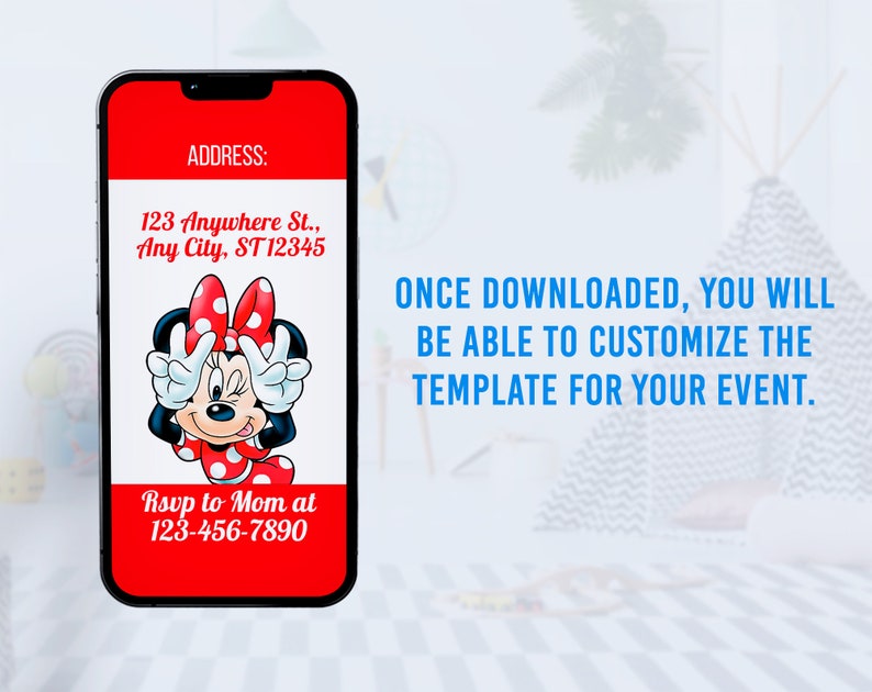 Peut inclure: Une invitation num&eacute;rique rouge et blanche avec une image de dessin anim&eacute; de Minnie Mouse. L'invitation comprend le texte "ADDRESS: 123 Anywhere St., Any City, ST 12345" et "Rsvp to Mom at 123-456-7890". Le texte "ONCE DOWNLOADED, YOU WILL BE ABLE TO CUSTOMIZE THE TEMPLATE FOR YOUR EVENT." est affich&eacute; sur un fond bleu.