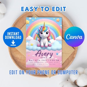 Fai da te Baby Unicorno 3D Cartoon Party Invito, Invito compleanno unicorno, Invito modificabile, 1° compleanno ragazza, Unicorn Baby Shower