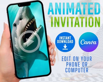 Faire-part bricolage requin en toile, Faire-part vidéo requin, Faire-part d'anniversaire requin, Faire-part requin électronique, Faire-part requin animé