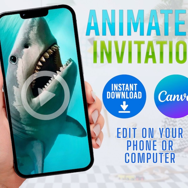 DIY Shark Canva Invitation, Shark Video Invitation, Shark Birthday Invitation, Electronic Shark Invitation, Animated Shark Invitation