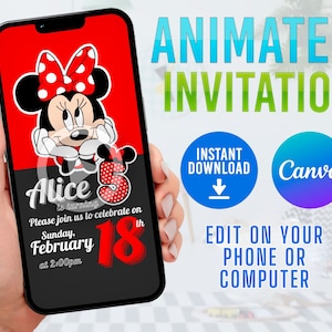DIY Minnie Maus Canva Einladung, Rote Minnie Maus Einladungen, Minnie Maus Einladungen Vorlage, Minnie Maus Einladungen Rot und Weiss
