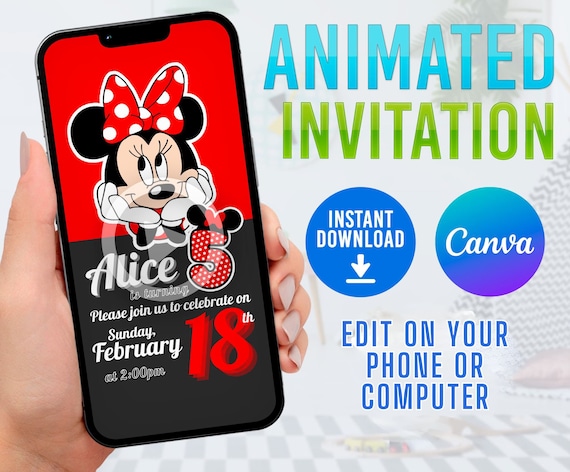 DIY Minnie Mouse Canva Invitation, Red Minnie Mouse Invitations, Minnie Mouse Invitations Template, Minnie Mouse Invitations Red and White