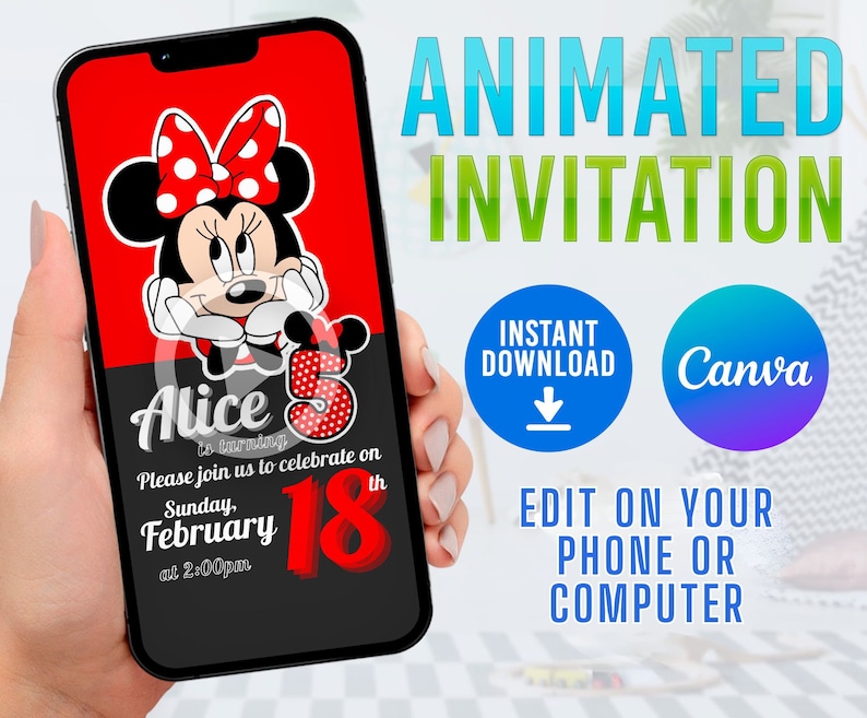 Peut inclure: Une invitation num&eacute;rique pour une f&ecirc;te d'anniversaire de 5 ans avec une image de dessin anim&eacute; de Minnie Mouse. L'invitation est pour la f&ecirc;te d'anniversaire d'Alice le dimanche 18 f&eacute;vrier &agrave; 14h00. L'invitation est con&ccedil;ue pour &ecirc;tre modifi&eacute;e sur un t&eacute;l&eacute;phone ou un ordinateur.