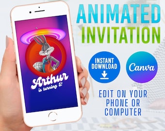 Invitación de cumpleaños DIY de Space Jam en CANVA, invitación digital para fiesta de Space Jam, videoinvitación épica de Space Jam, invitación de cumpleaños de Space Jam