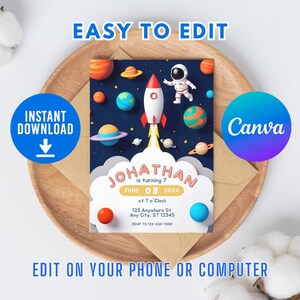 Invitación de cumpleaños con estampado de dibujos animados en 3D del espacio exterior DIY. Invitación de píxeles. Plantilla de invitación imprimible de astronauta. Fiesta del espacio exterior. Canva.