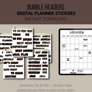 May include: A set of digital planner stickers with black and white text on a white background. The stickers include phrases such as "To Do", "Pay Day", "Next Week", "Important", "Meal Plan", "Let's Sweat", "Movie Night", "Date Night", "To Clean", and "Meeting". The stickers are designed for use in a digital planner or calendar.